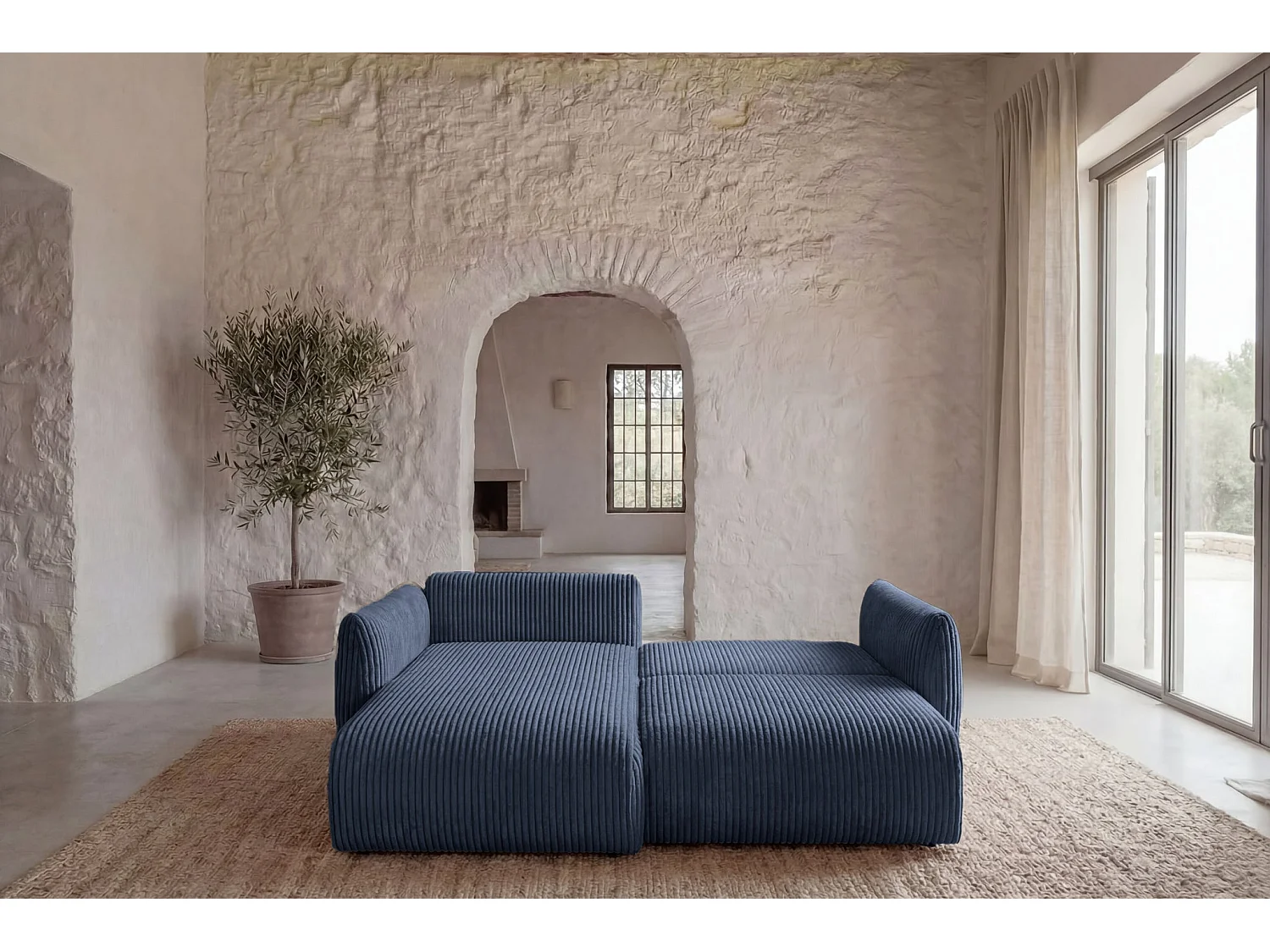 ELIO - Canapé d'angle convertible gros velours côtelé 4 places - Bleu