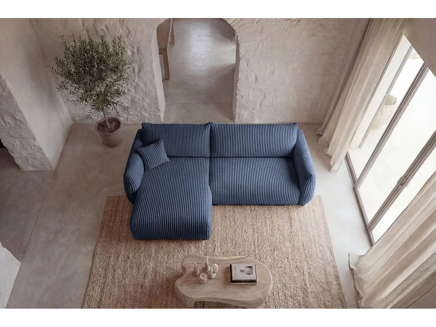 ELIO - Canapé d'angle convertible gros velours côtelé 4 places - Bleu