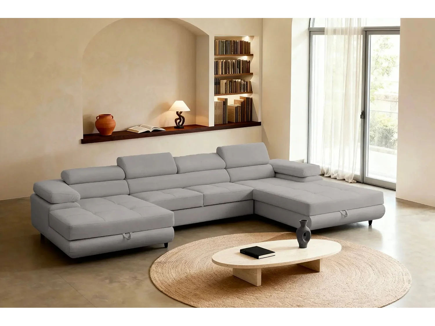 CHARLIE - Canapé panoramique convertible tissu chiné 5 places - Gris clair