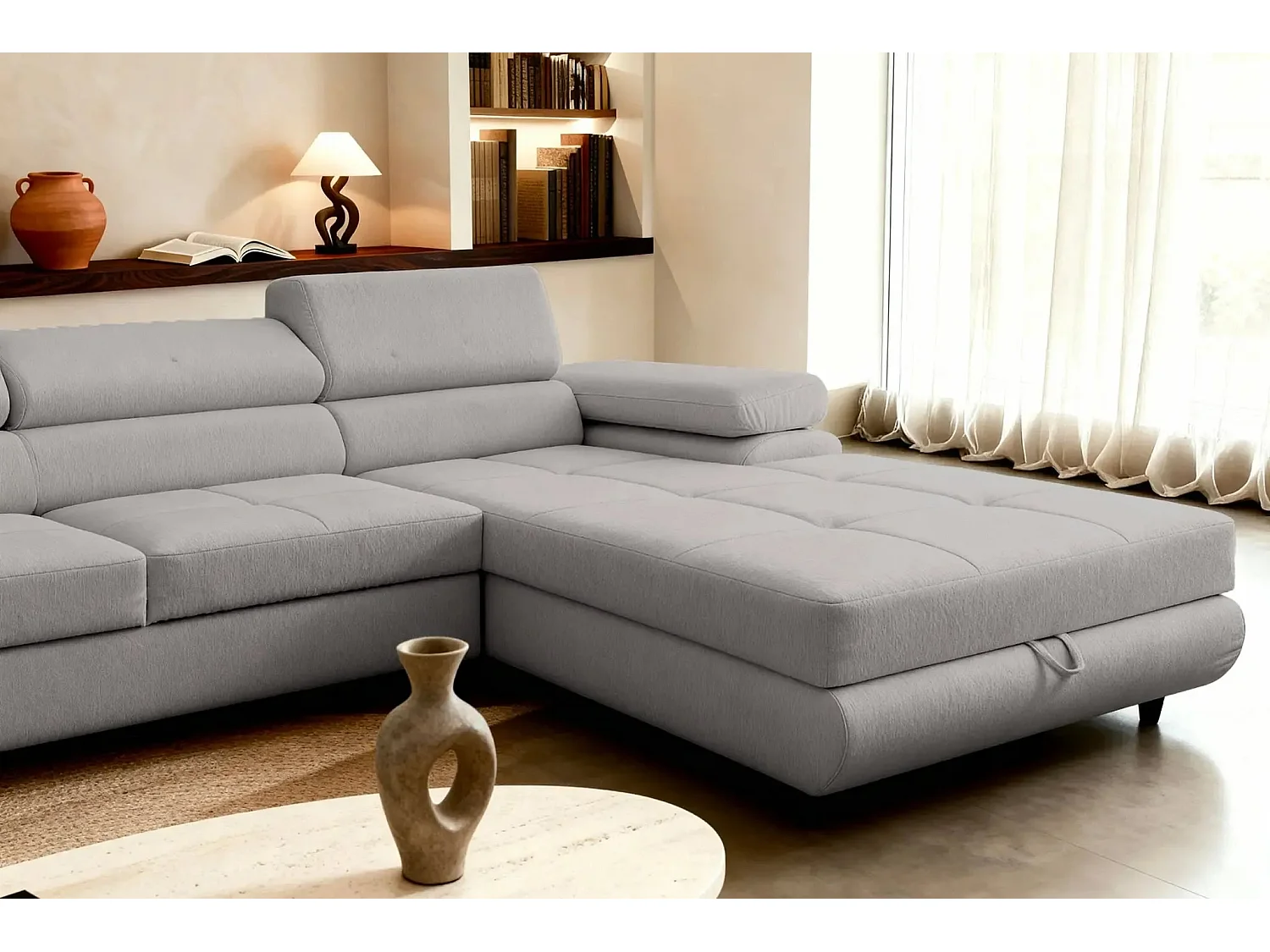 CHARLIE - Canapé panoramique convertible tissu chiné 5 places - Gris clair