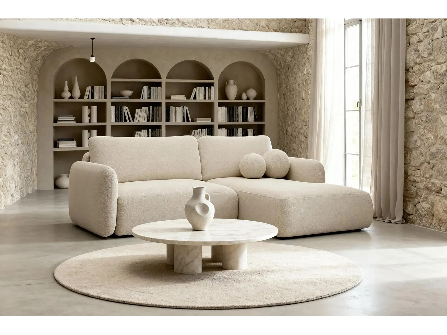 GIGI - Canapé d'angle convertible tissu bouclette 4 places - Beige - Droit