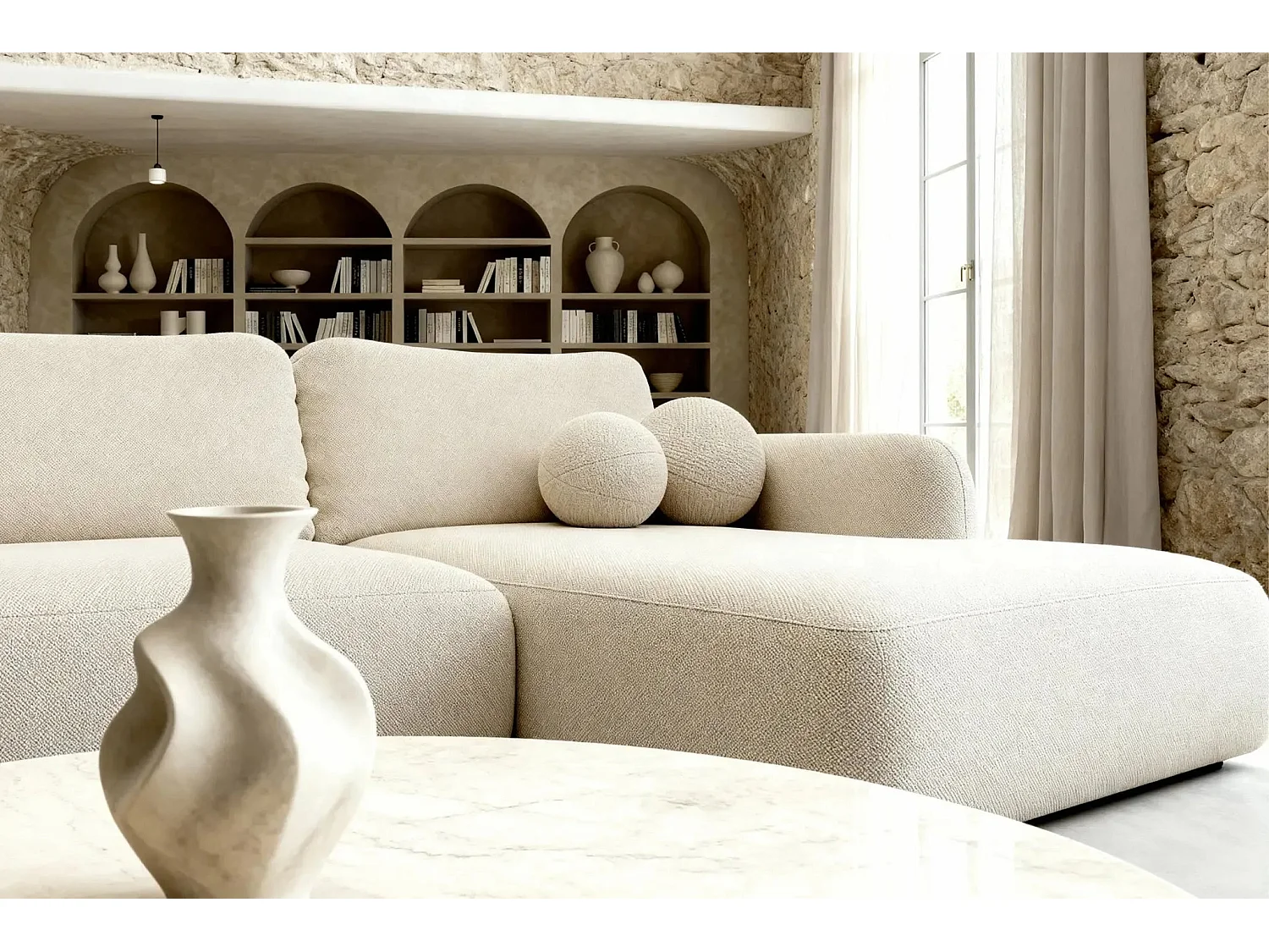 GIGI - Canapé d'angle convertible tissu bouclette 4 places - Beige - Droit