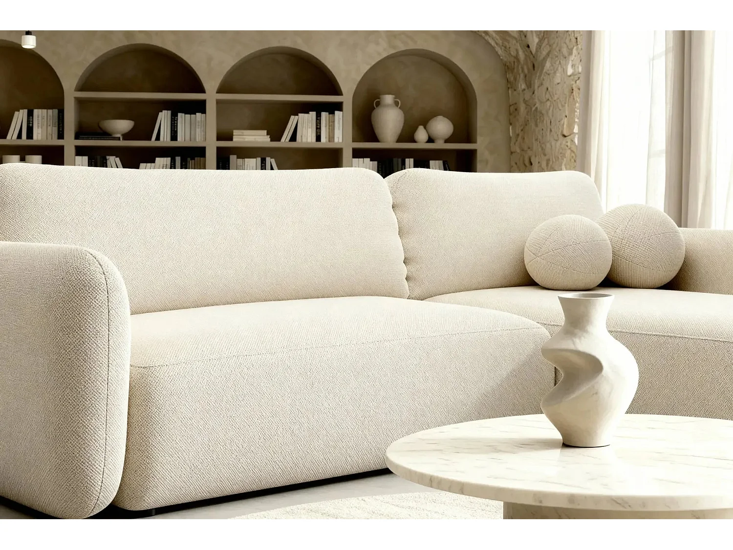 GIGI - Canapé d'angle convertible tissu bouclette 4 places - Beige - Droit