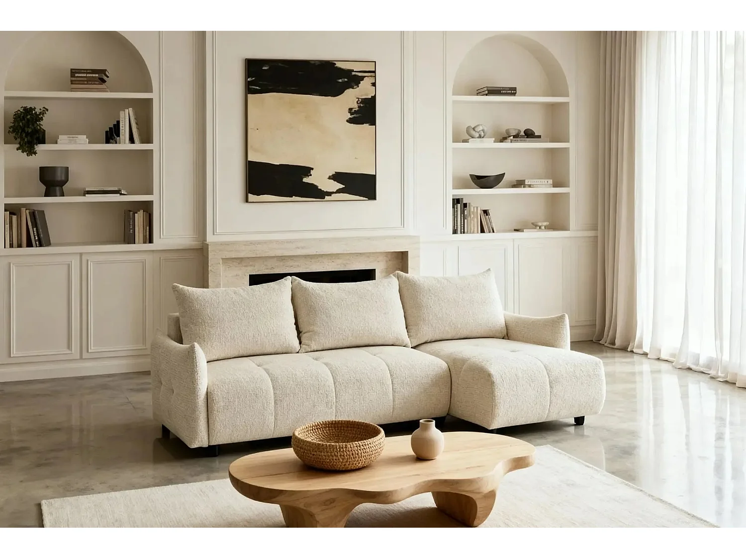 CELINE - Canapé d'angle convertible tissu chenille 4 places - Beige - 128cm