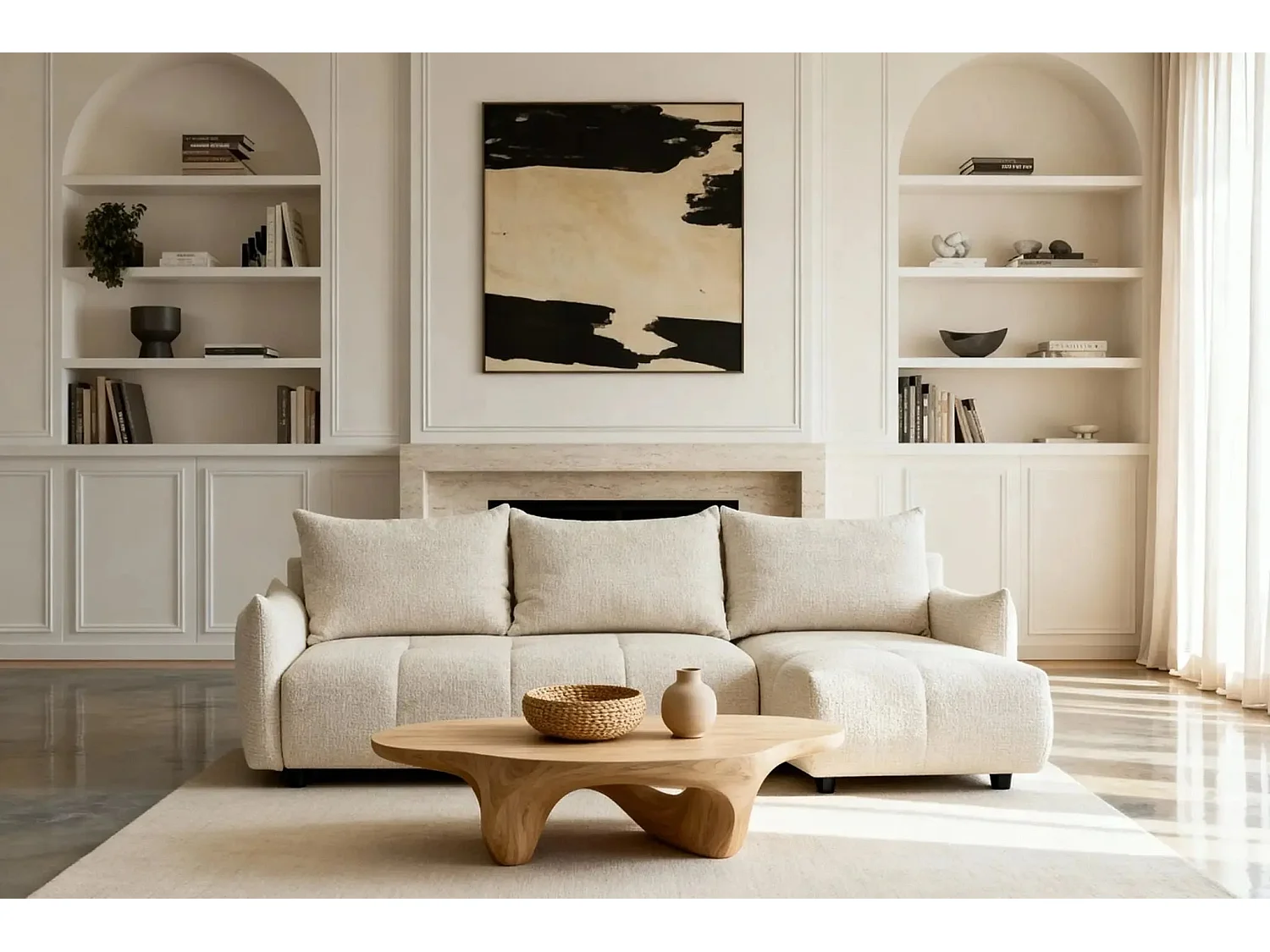 CELINE - Canapé d'angle convertible tissu chenille 4 places - Beige - 128cm