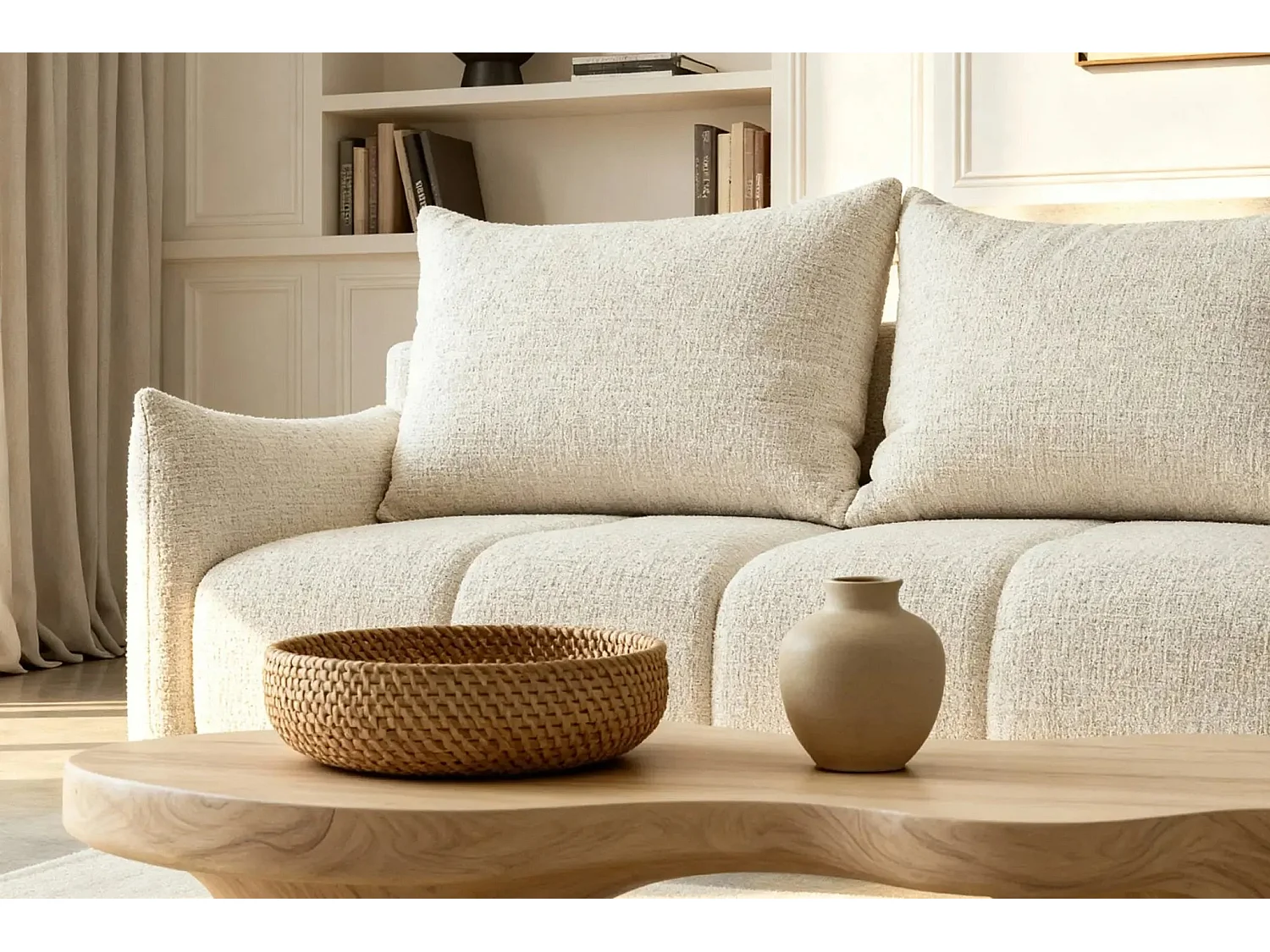 CELINE - Canapé d'angle convertible tissu chenille 4 places - Beige - 128cm