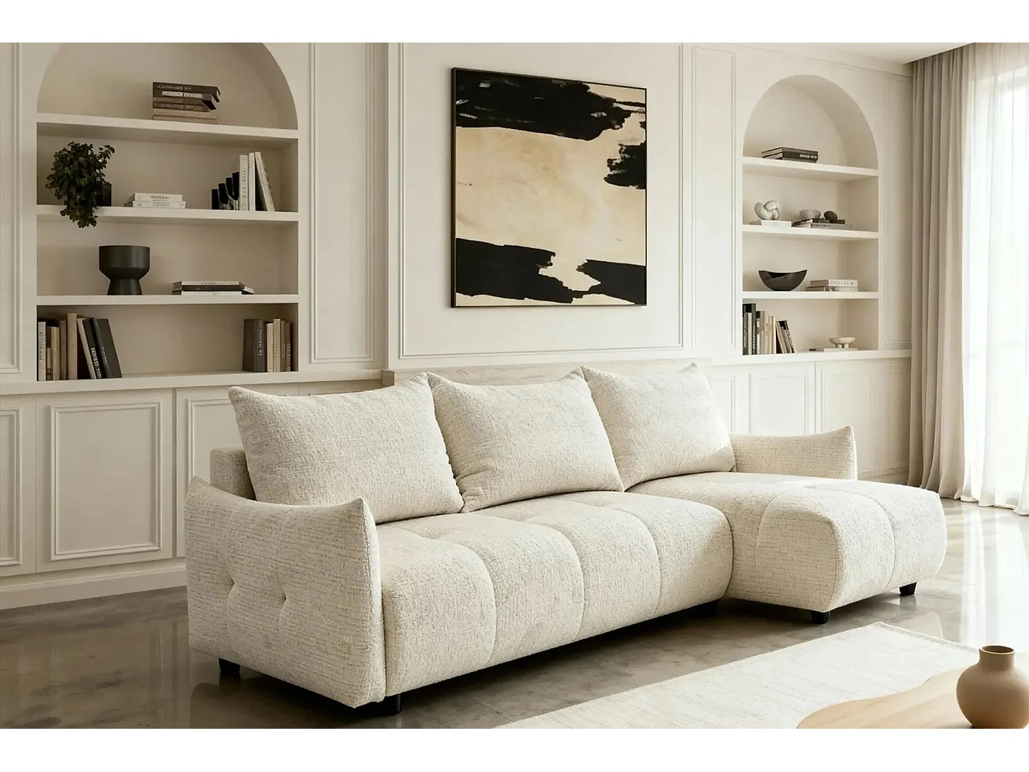 CELINE - Canapé d'angle convertible tissu chenille 4 places - Beige - 128cm