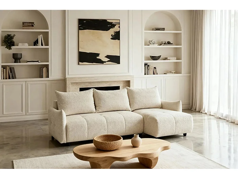 CELINE - Canapé d'angle convertible tissu chenille 4 places - Beige - 128cm