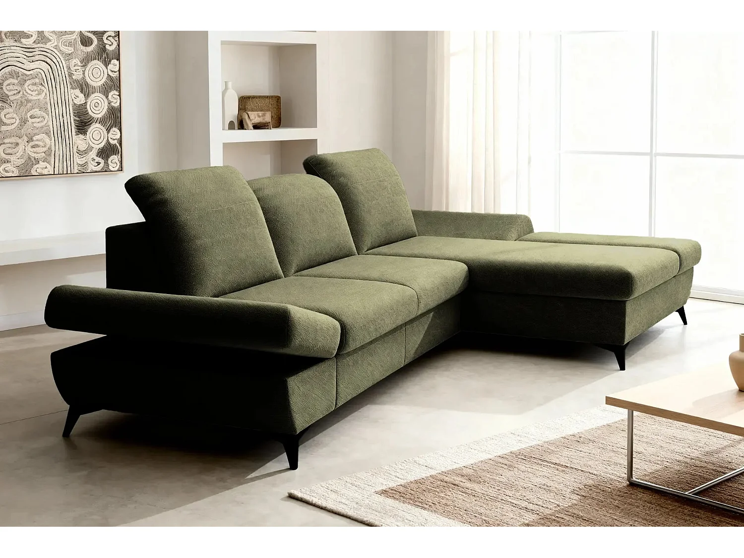 LIVIA - Canapé d'angle convertible tissu chiné 4 places - Vert - Droit