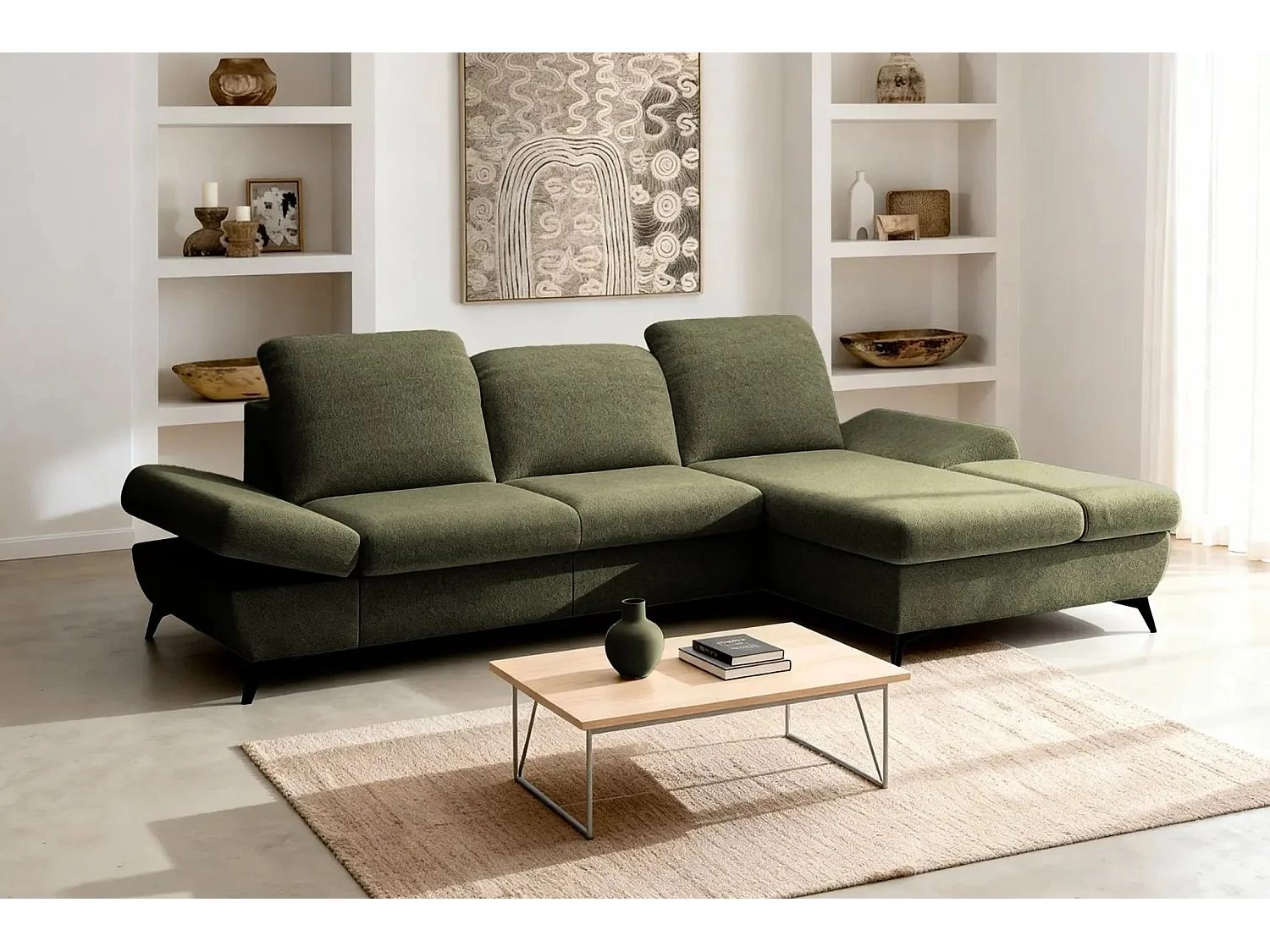 LIVIA - Canapé d'angle convertible tissu chiné 4 places - Vert - Droit