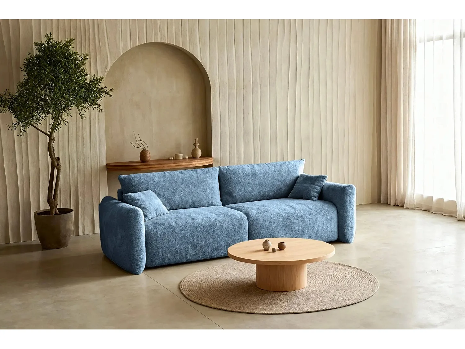 ELIO - Canapé convertible tissu bouclette 3 places - Beige