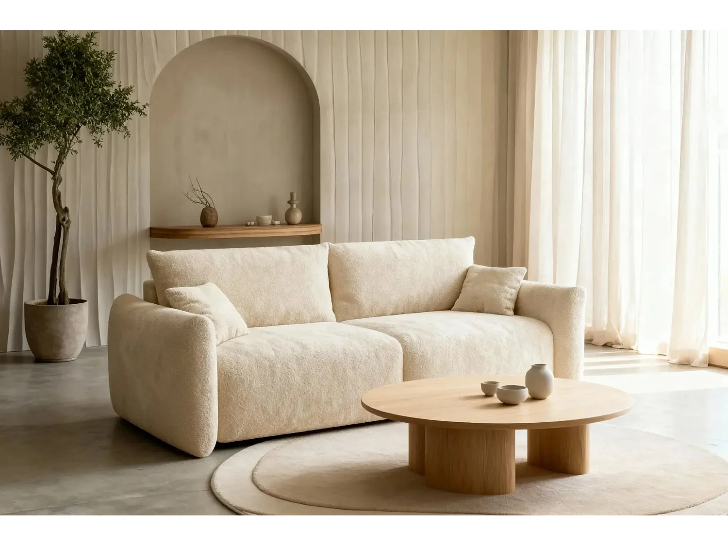 ELIO - Canapé convertible tissu bouclette 3 places Beige