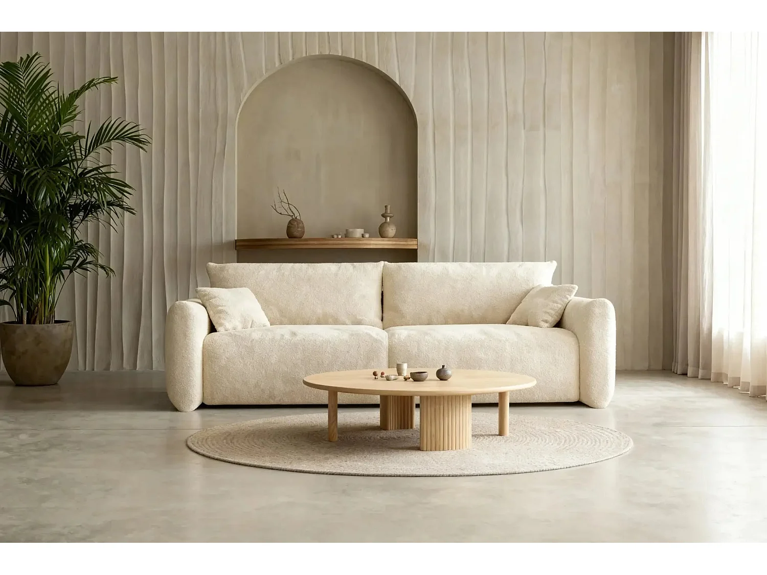ELIO - Canapé convertible tissu bouclette 3 places Beige