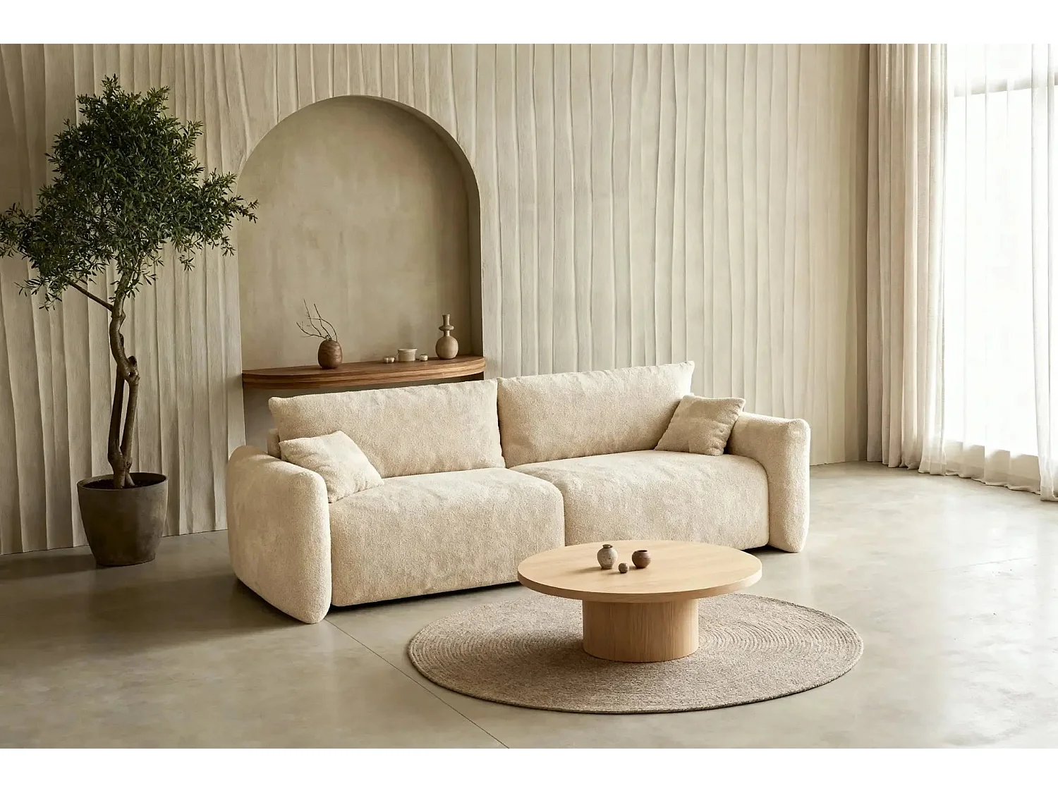 ELIO - Canapé convertible tissu bouclette 3 places Beige