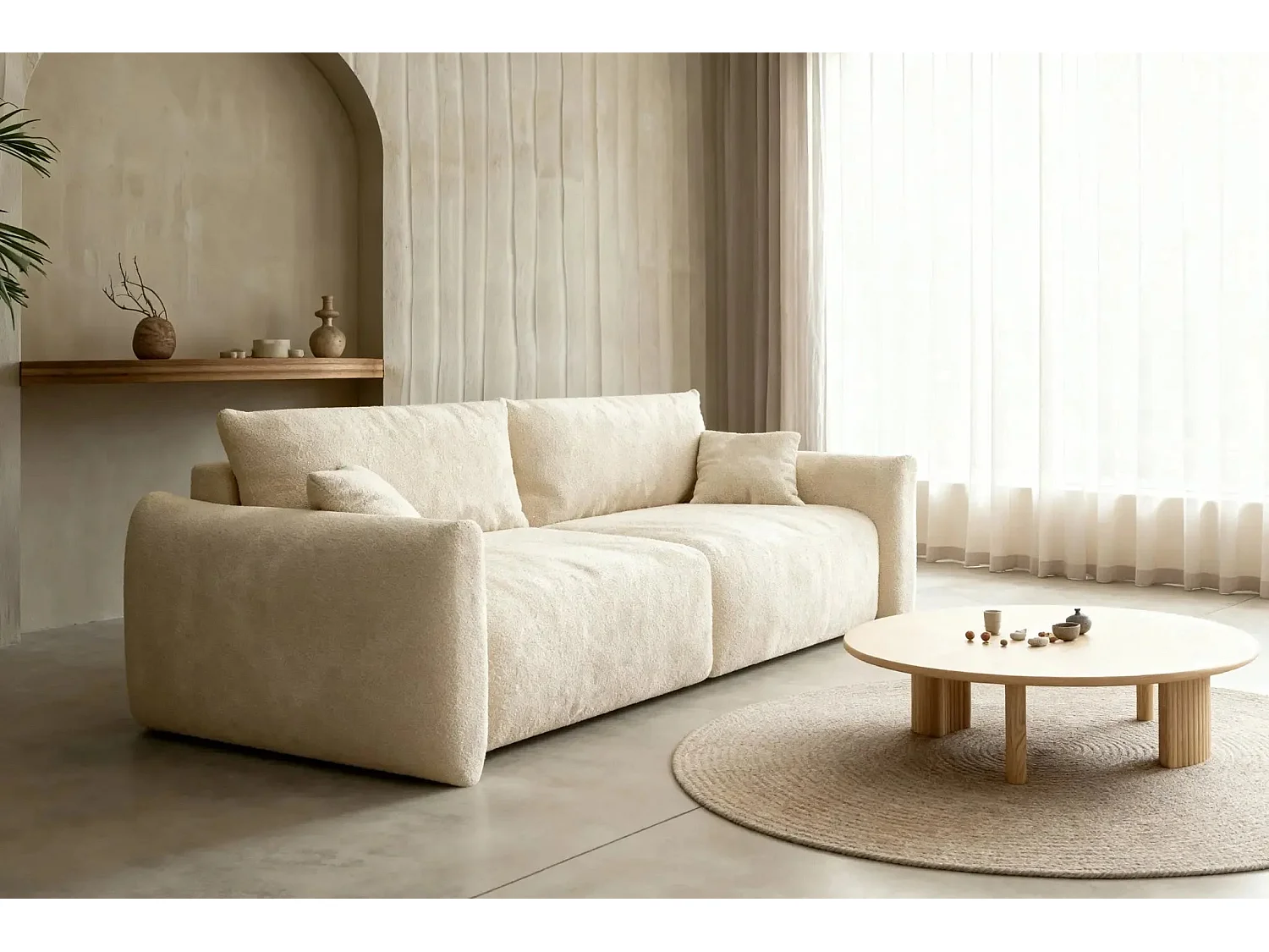 ELIO - Canapé convertible tissu bouclette 3 places Beige