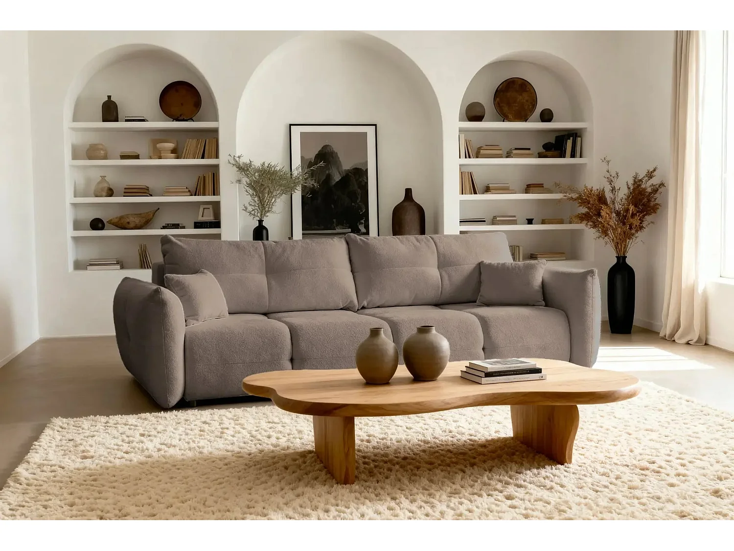 JUNE - Canapé droit convertible tissu bouclette 2 places - Café