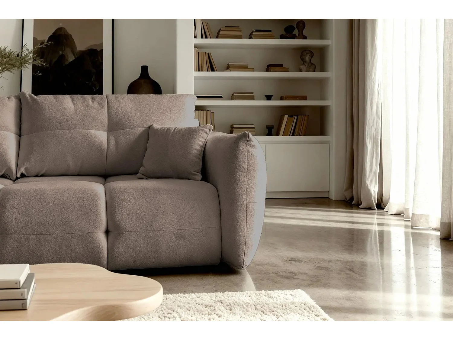 JUNE - Canapé droit convertible tissu bouclette 2 places - Café