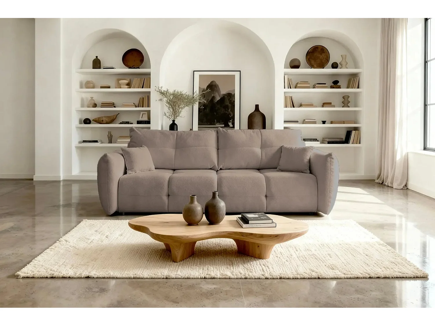 JUNE - Canapé droit convertible tissu bouclette 2 places - Café