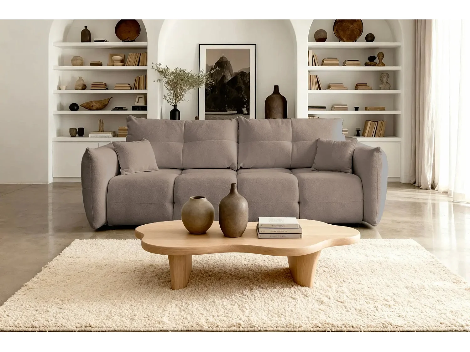 JUNE - Canapé droit convertible tissu bouclette 2 places - Café