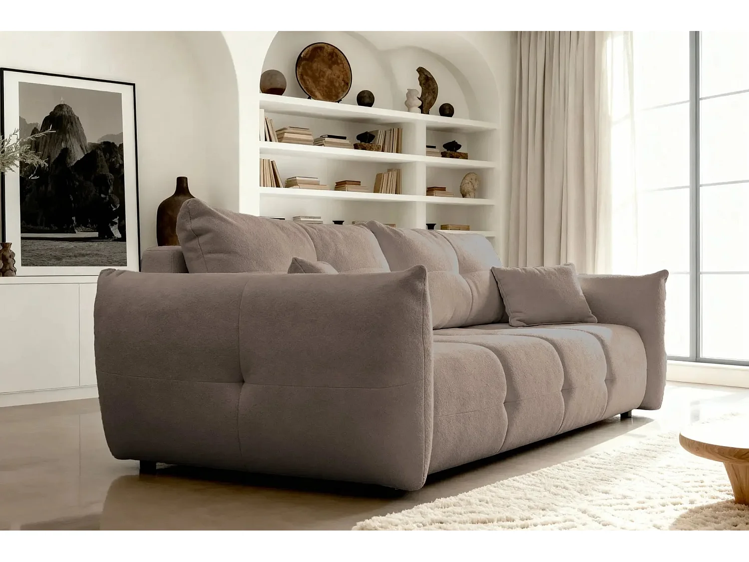 JUNE - Canapé droit convertible tissu bouclette 2 places - Café