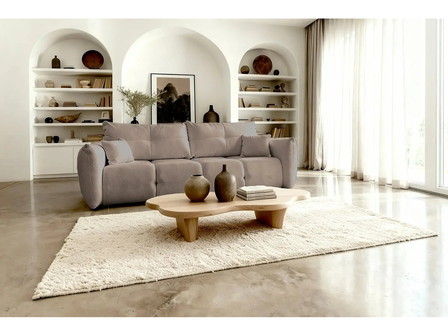 JUNE - Canapé droit convertible tissu bouclette 2 places - Café