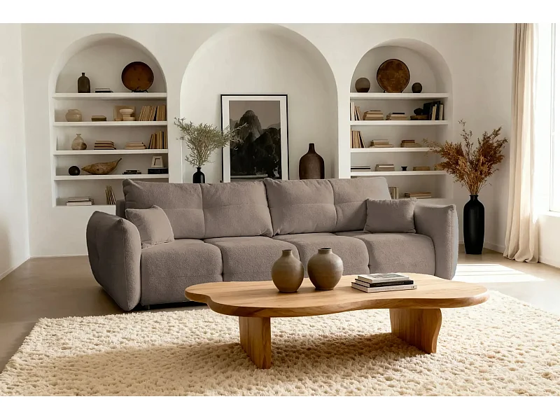 JUNE - Canapé droit convertible tissu bouclette 2 places - Café