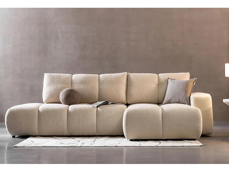 CONSTANCE - Canapé d'angle convertible tissu bouclette 4 places - Beige - Gauche