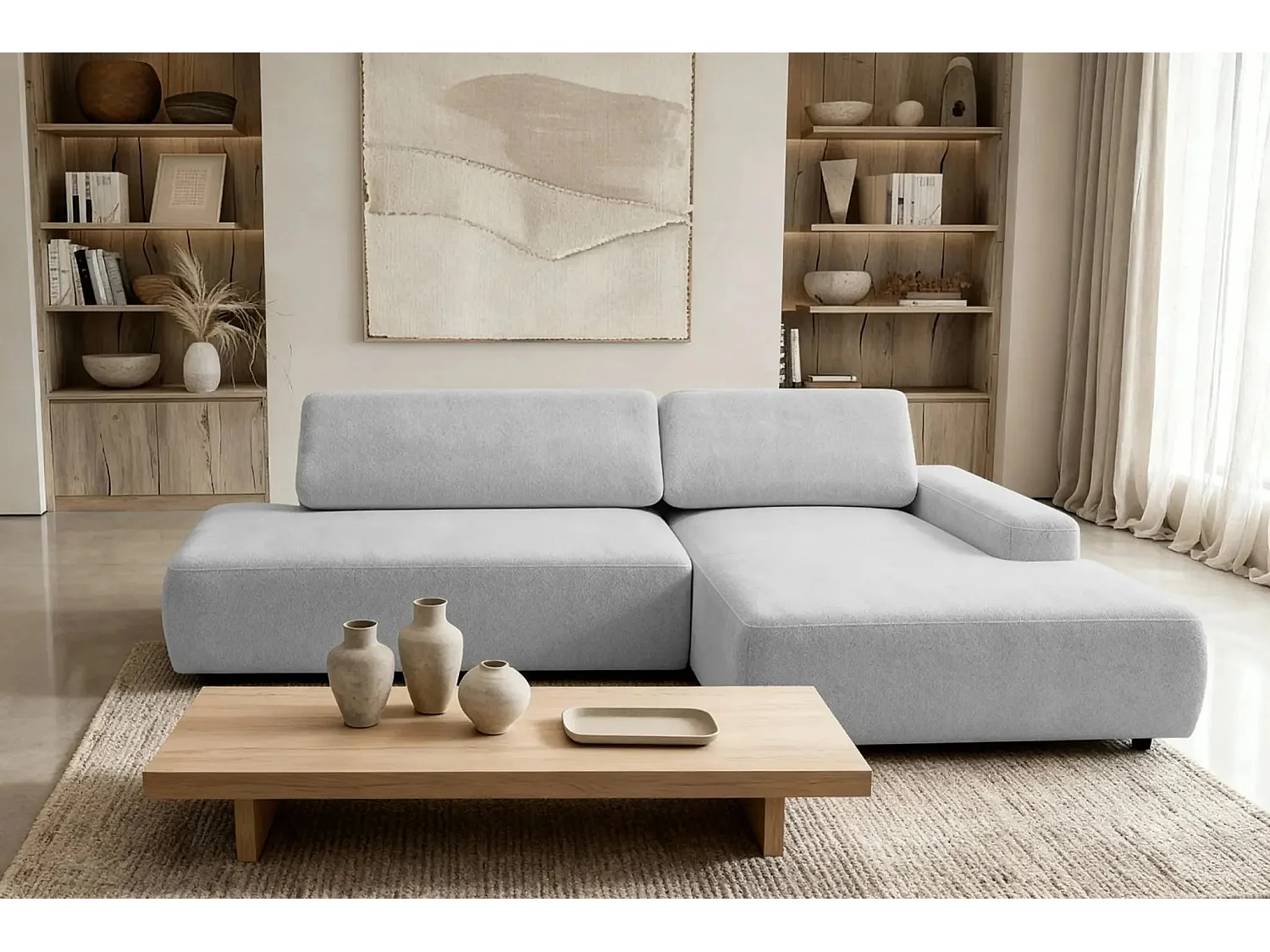 IVY O - Canapé d'angle convertible coffre tissu chiné 3 places - Gris clair - Droit