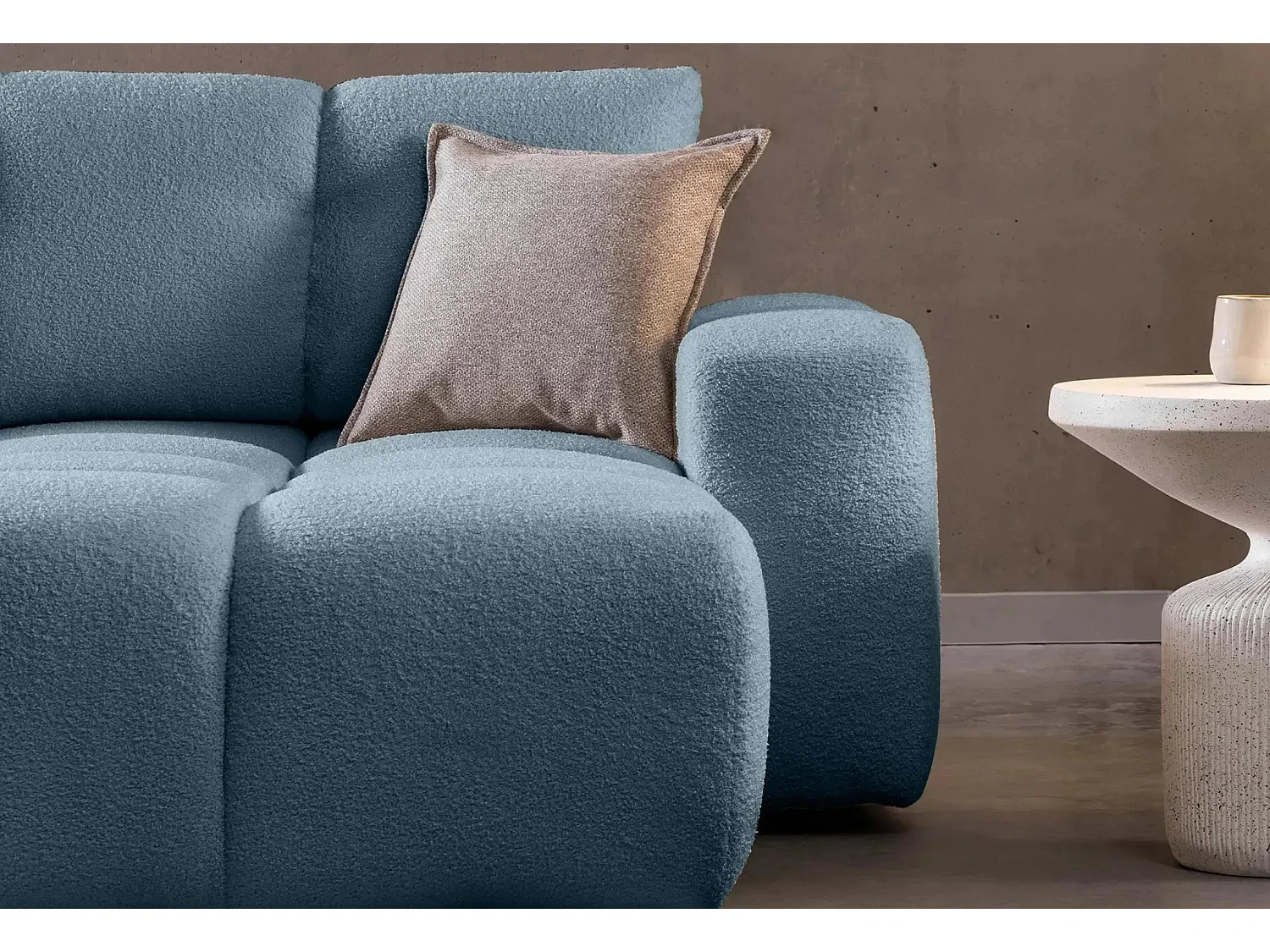 CONSTANCE - Canapé d'angle convertible tissu bouclette 4 places - Bleu - Droit