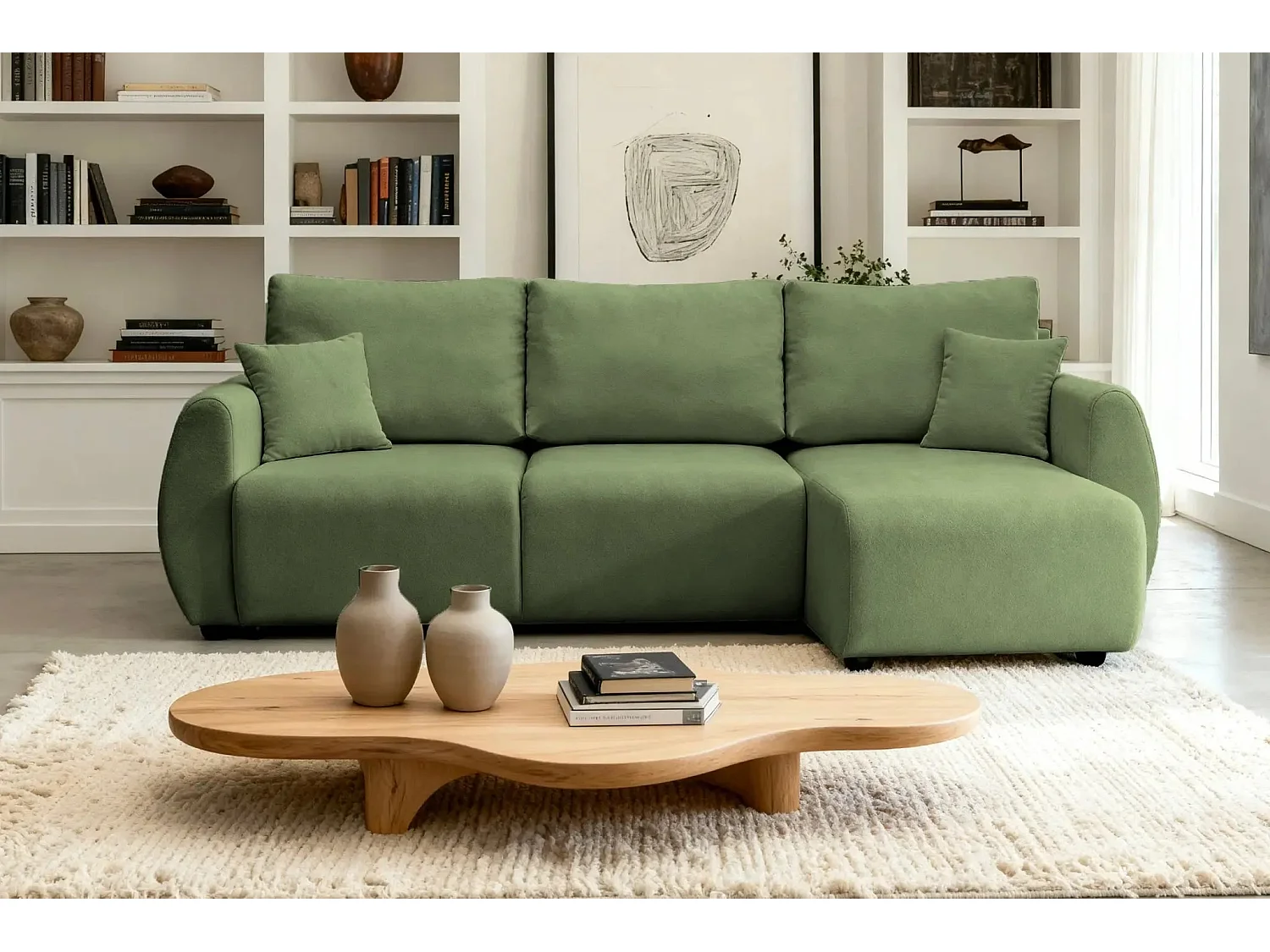 HERA - Canapé d'angle convertible tissu doux 3 places - Vert