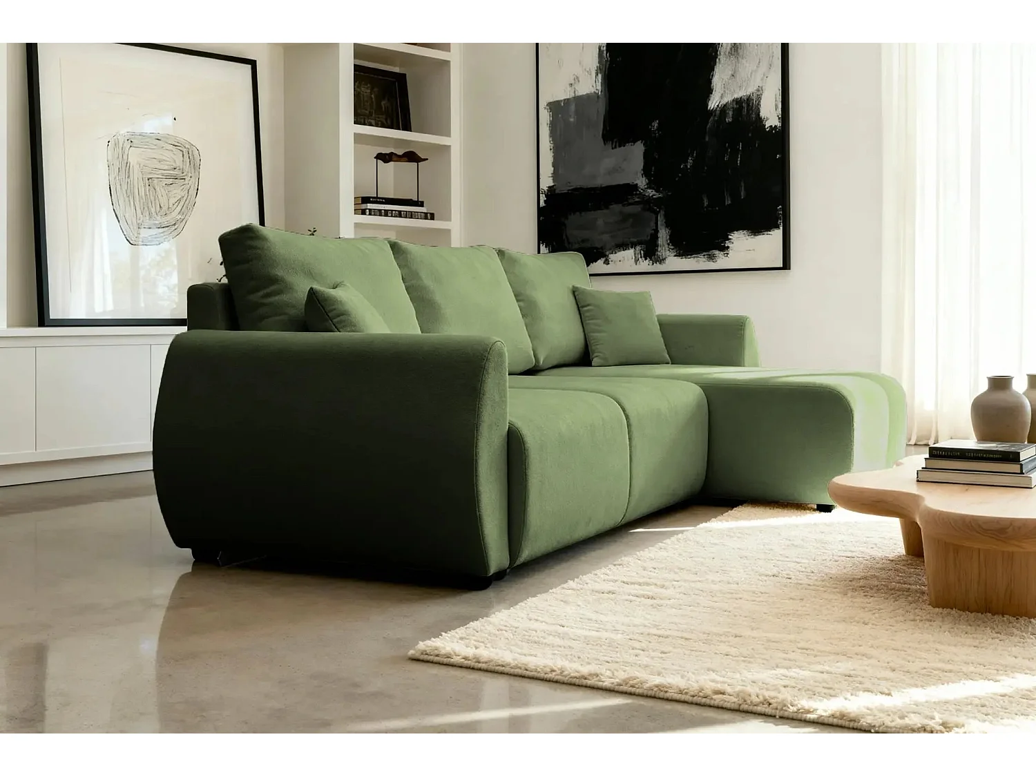 HERA - Canapé d'angle convertible tissu doux 3 places - Vert