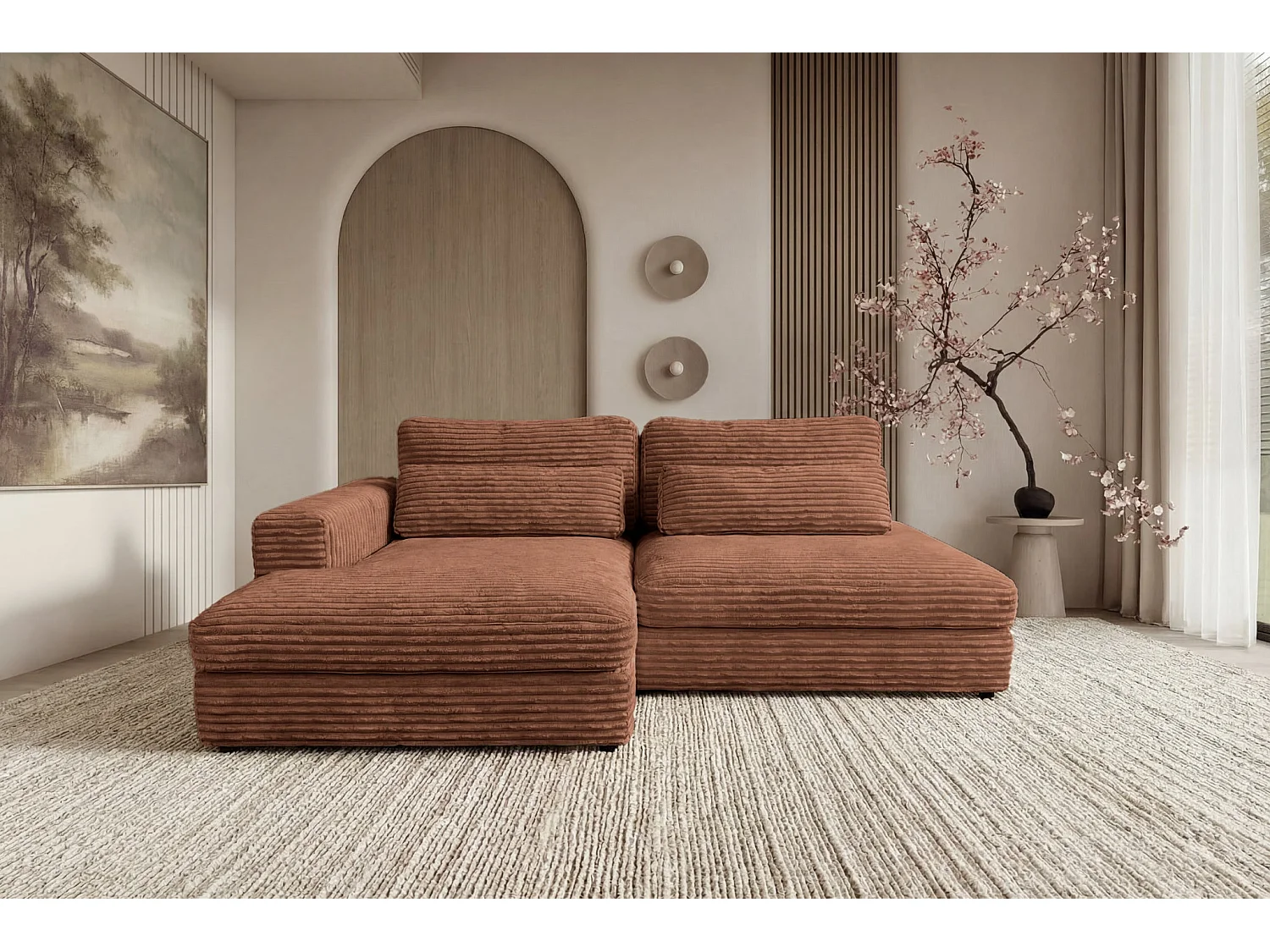 AGATHE - Canapé d'angle convertible gros velours côtelé 4 places - Terracotta - Droit