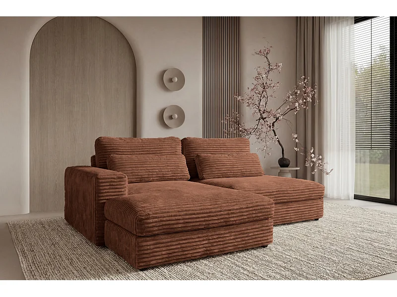 AGATHE - Canapé d'angle convertible gros velours côtelé 4 places - Terracotta - Droit