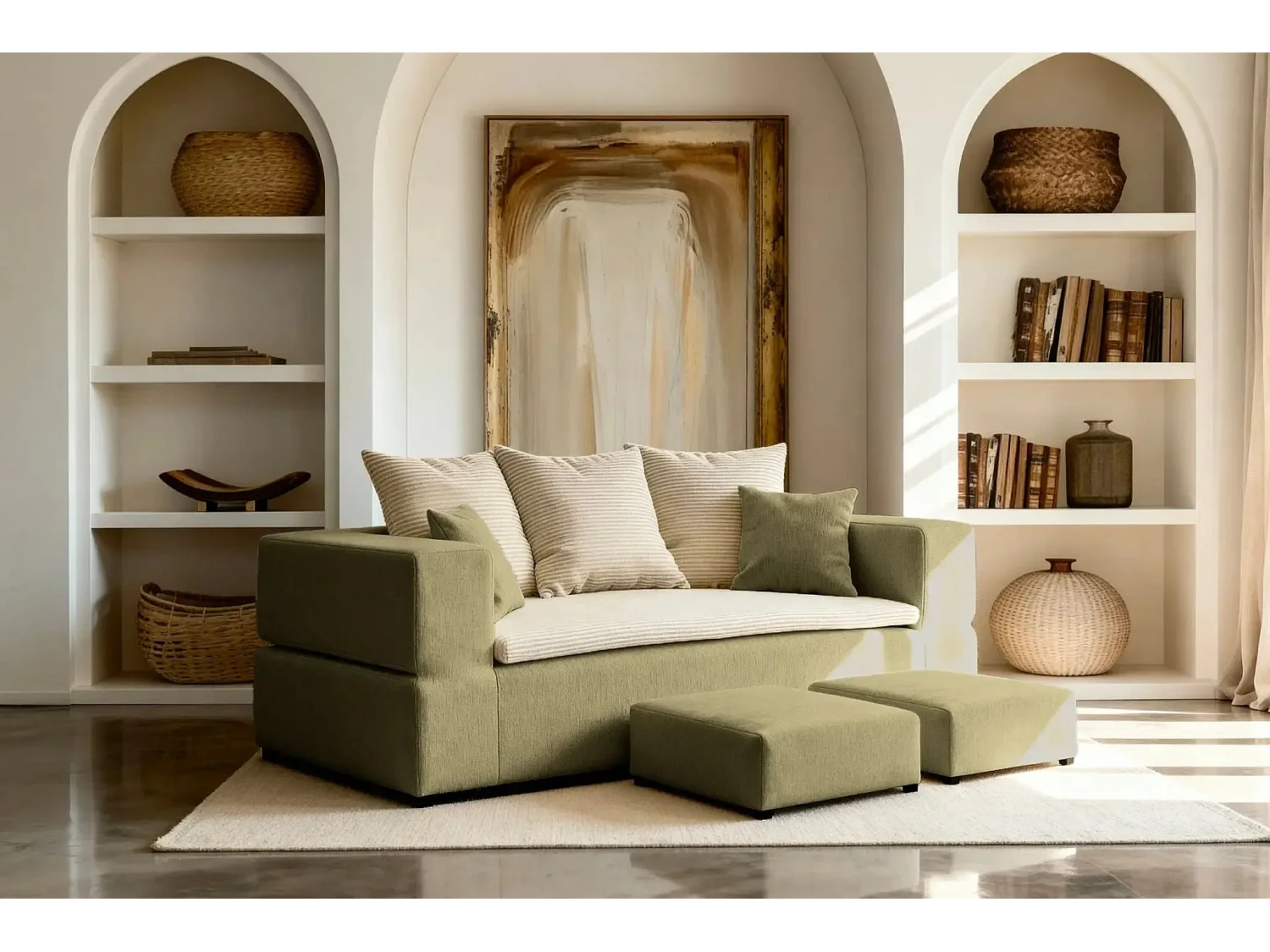 AMBRE - Canapé droit convertible bi matière avec deux poufs 4 places - Vert