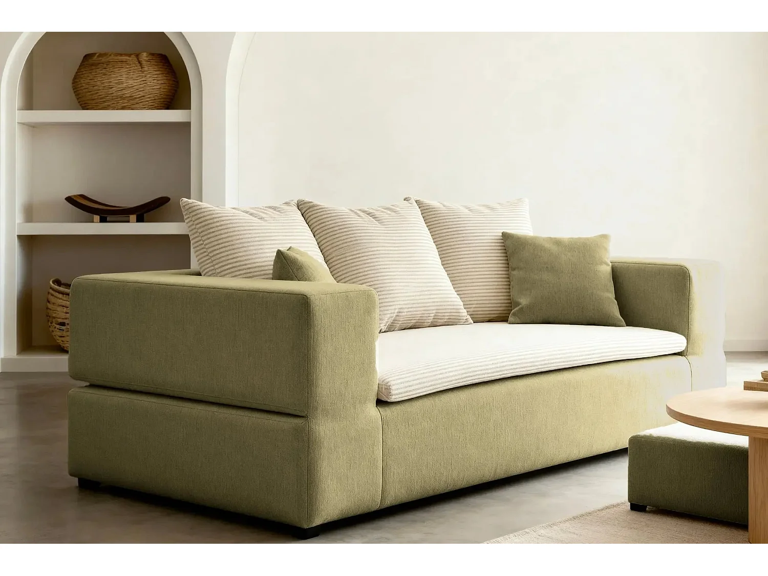 AMBRE - Canapé droit convertible bi matière avec deux poufs 4 places - Vert