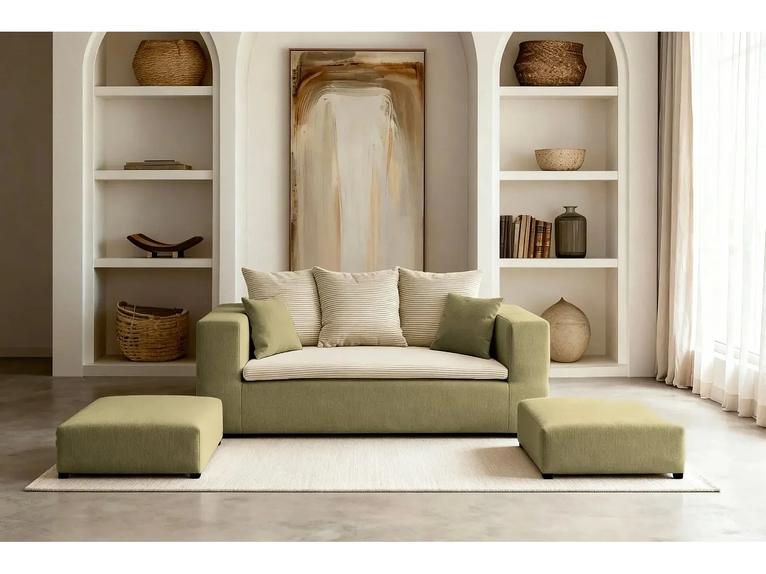 AMBRE - Canapé droit convertible bi matière avec deux poufs 4 places - Vert