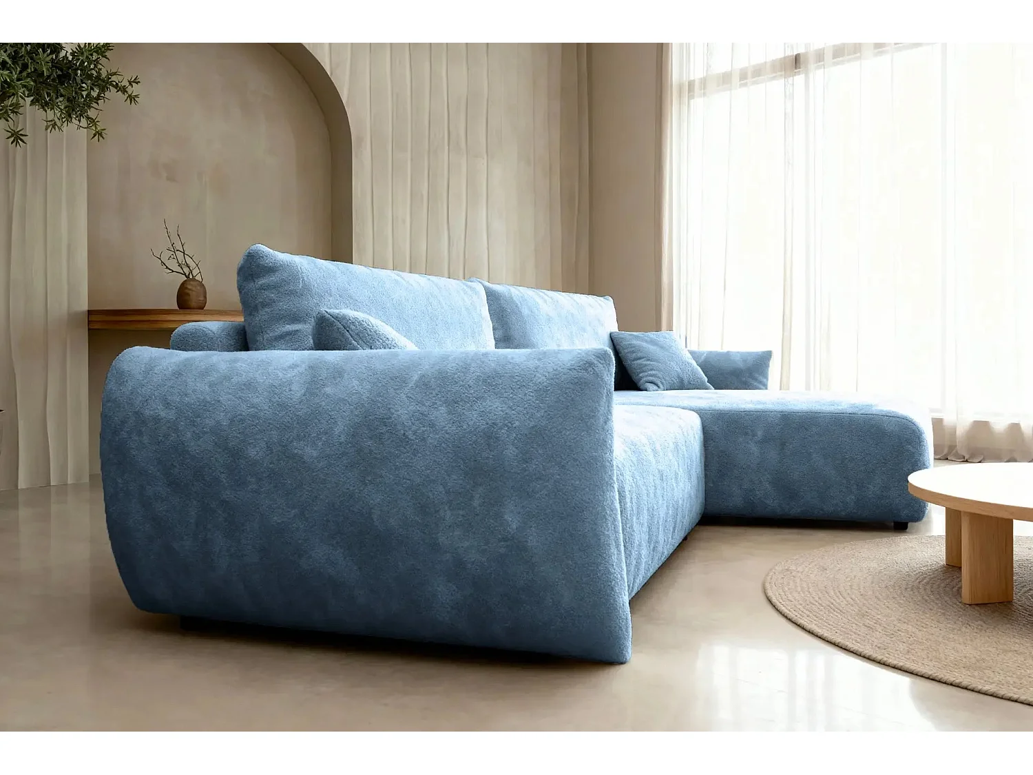 ELIO - Canapé d'angle convertible tissu bouclette 4 places - Bleu