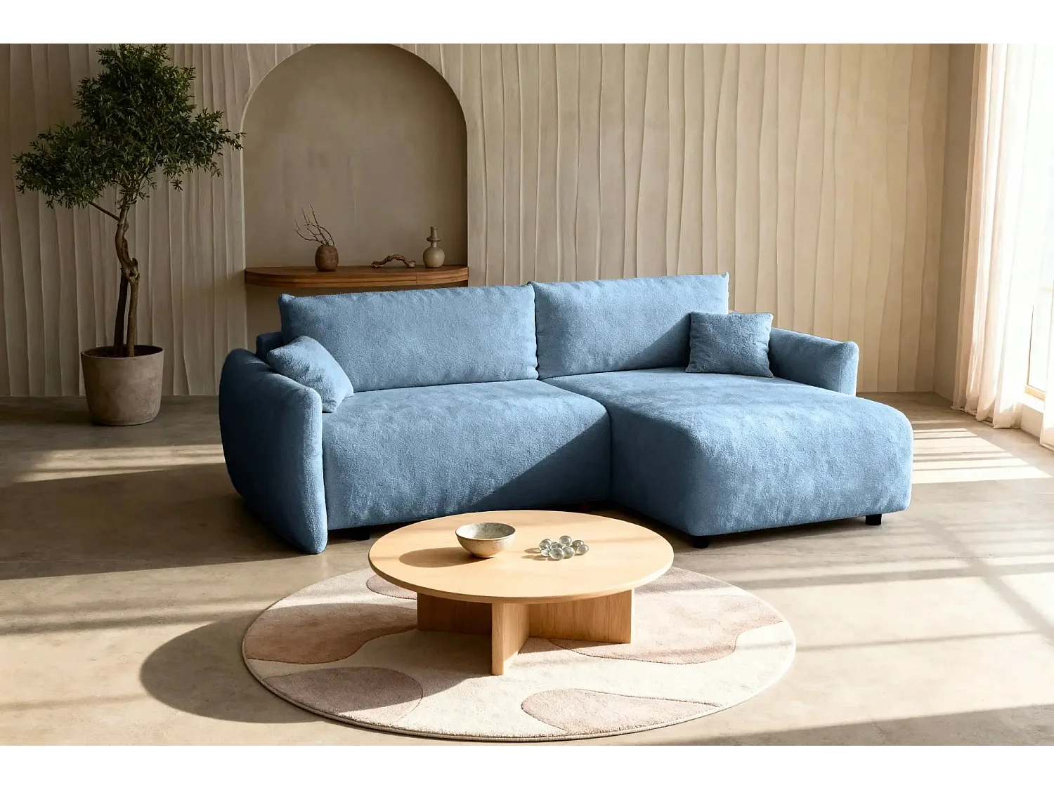 ELIO - Canapé d'angle convertible tissu bouclette 4 places - Bleu