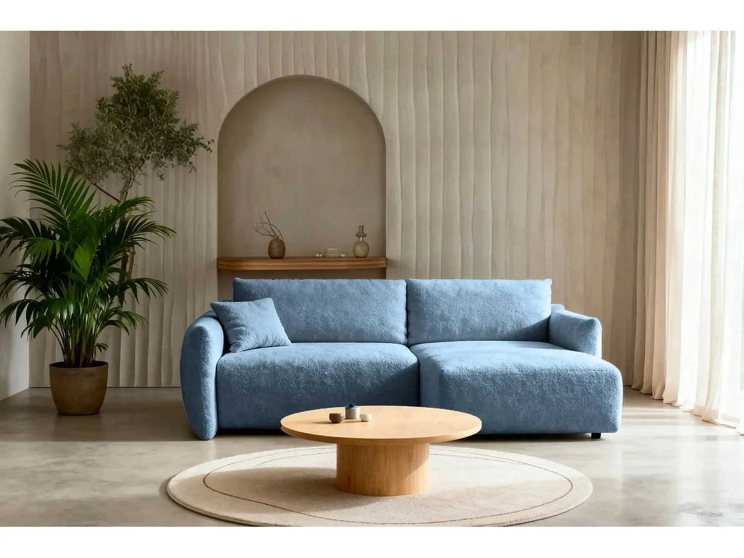 ELIO - Canapé d'angle convertible tissu bouclette 4 places - Bleu