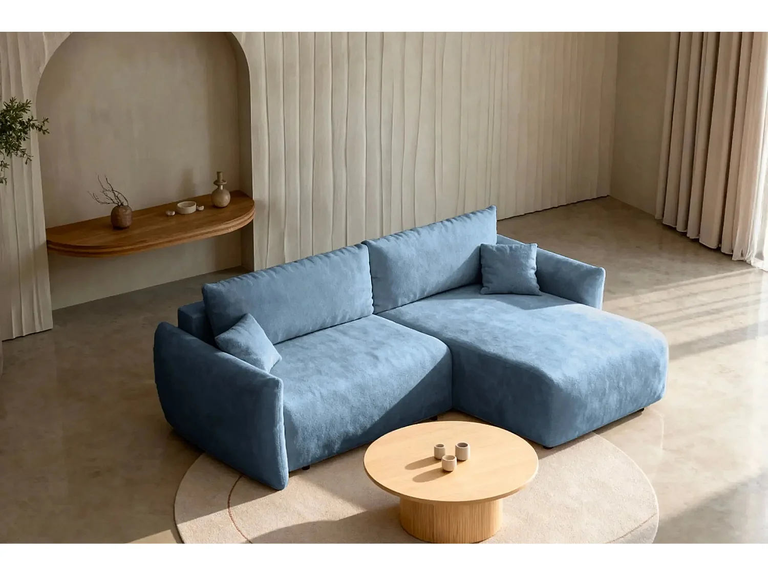 ELIO - Canapé d'angle convertible tissu bouclette 4 places - Bleu