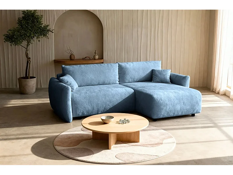 ELIO - Canapé d'angle convertible tissu bouclette 4 places - Bleu