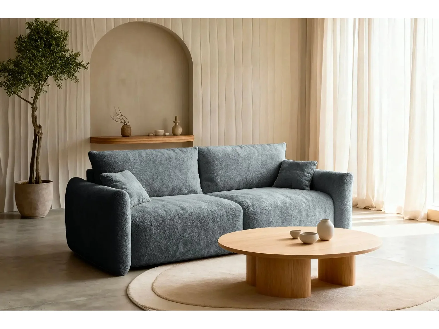 ELIO - Canapé convertible tissu bouclette 3 places - Gris