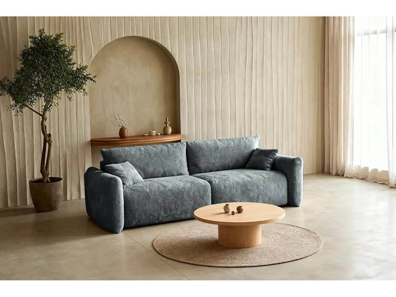 ELIO - Canapé convertible tissu bouclette 3 places - Gris