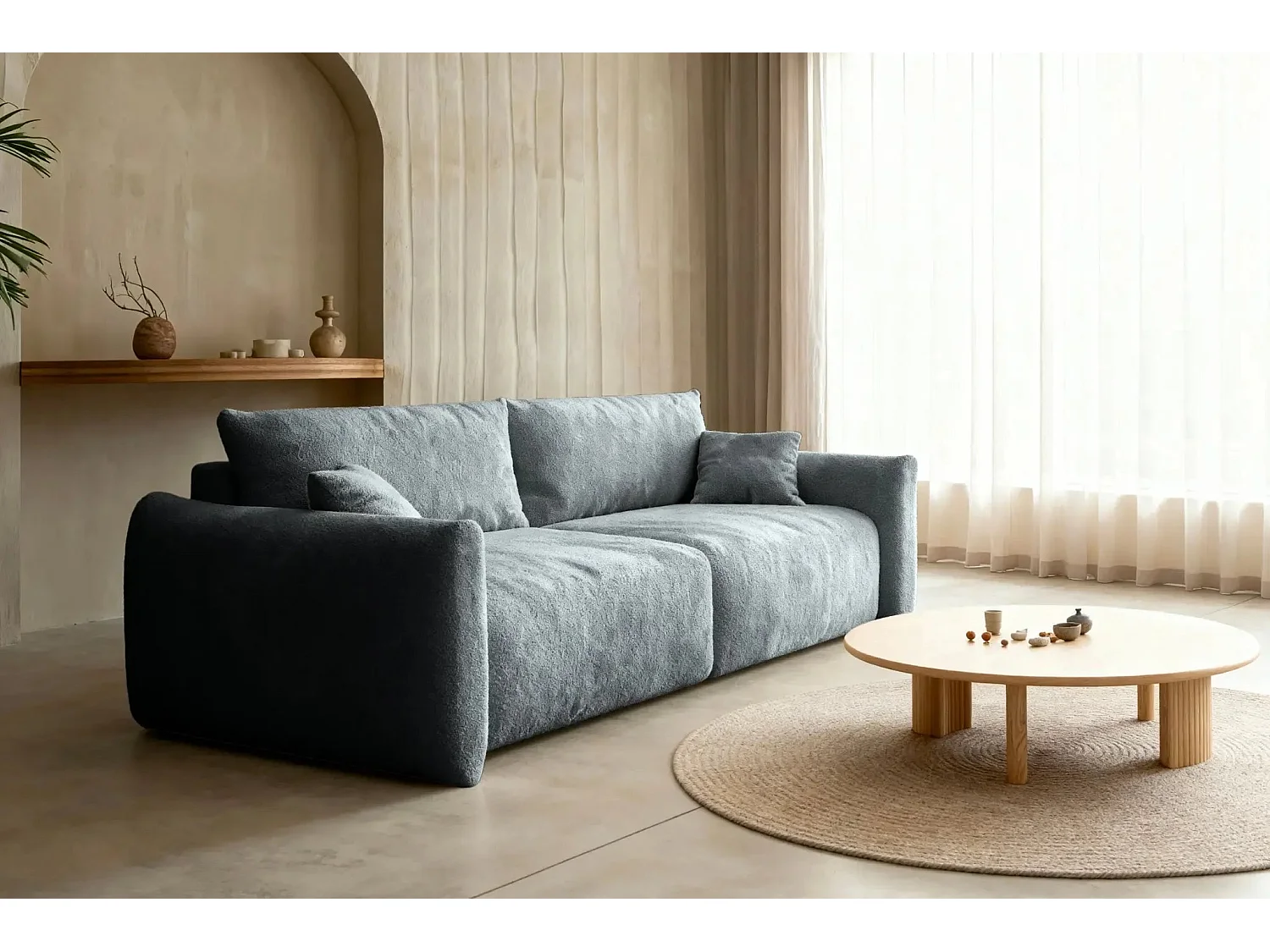 ELIO - Canapé convertible tissu bouclette 3 places - Gris