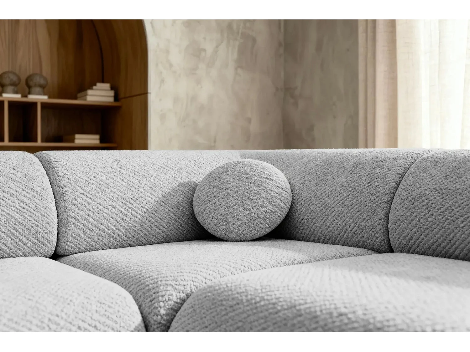 LEVI - Canapé panoramique convertible tissu lisse 5 places - Gris clair - Gauche