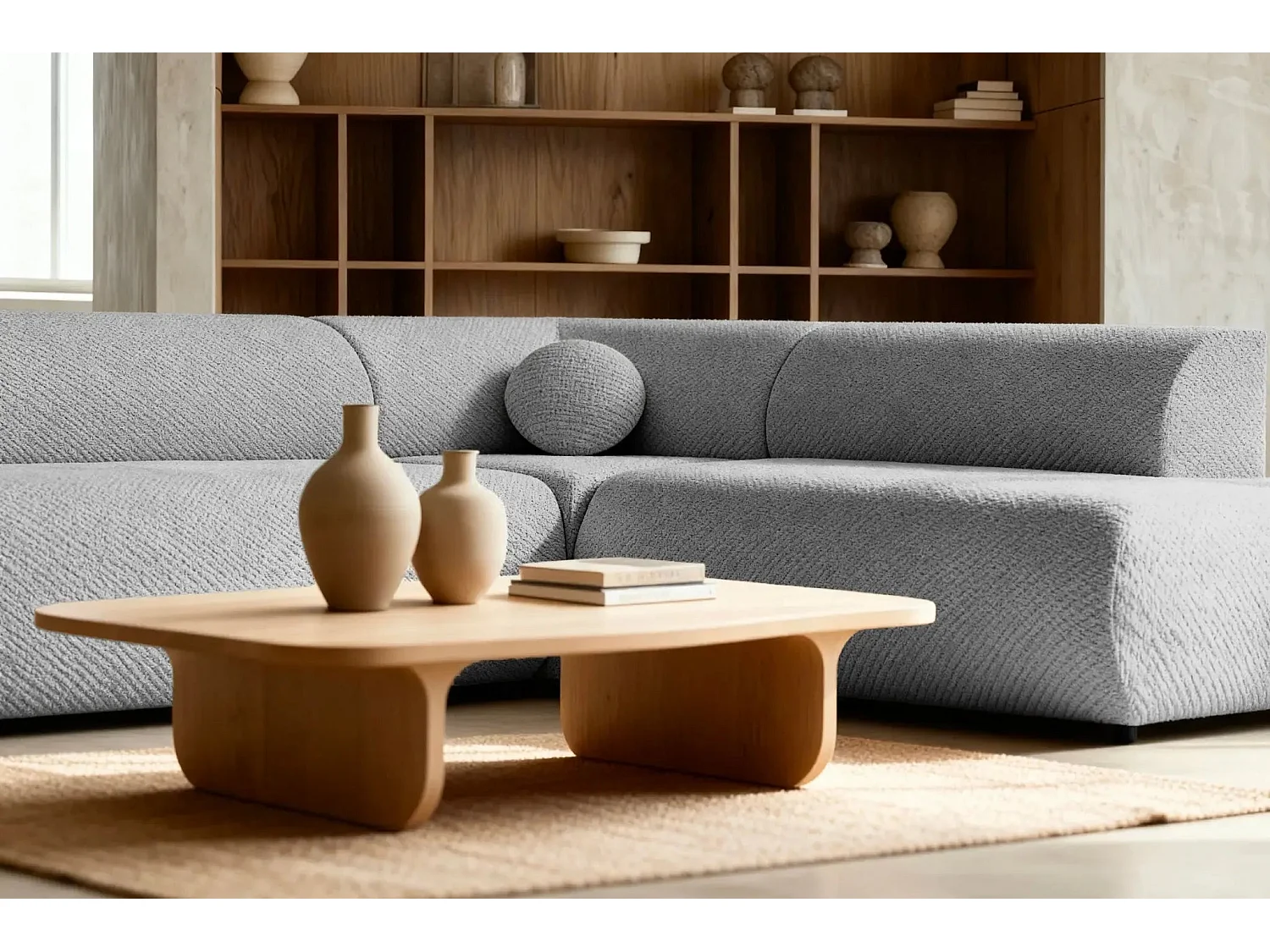 LEVI - Canapé panoramique convertible tissu lisse 5 places - Gris clair - Gauche