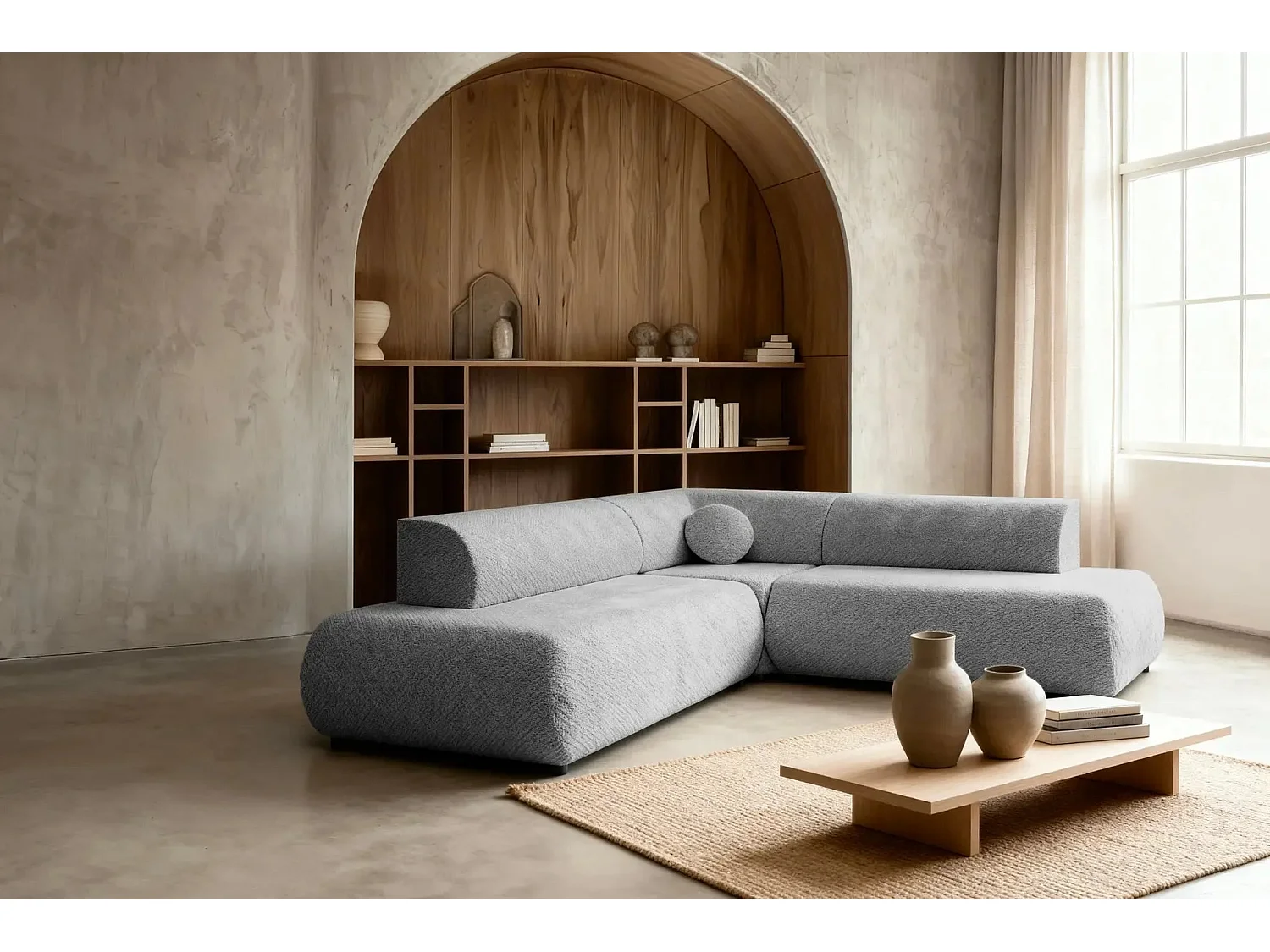 LEVI - Canapé panoramique convertible tissu lisse 5 places - Gris clair - Gauche