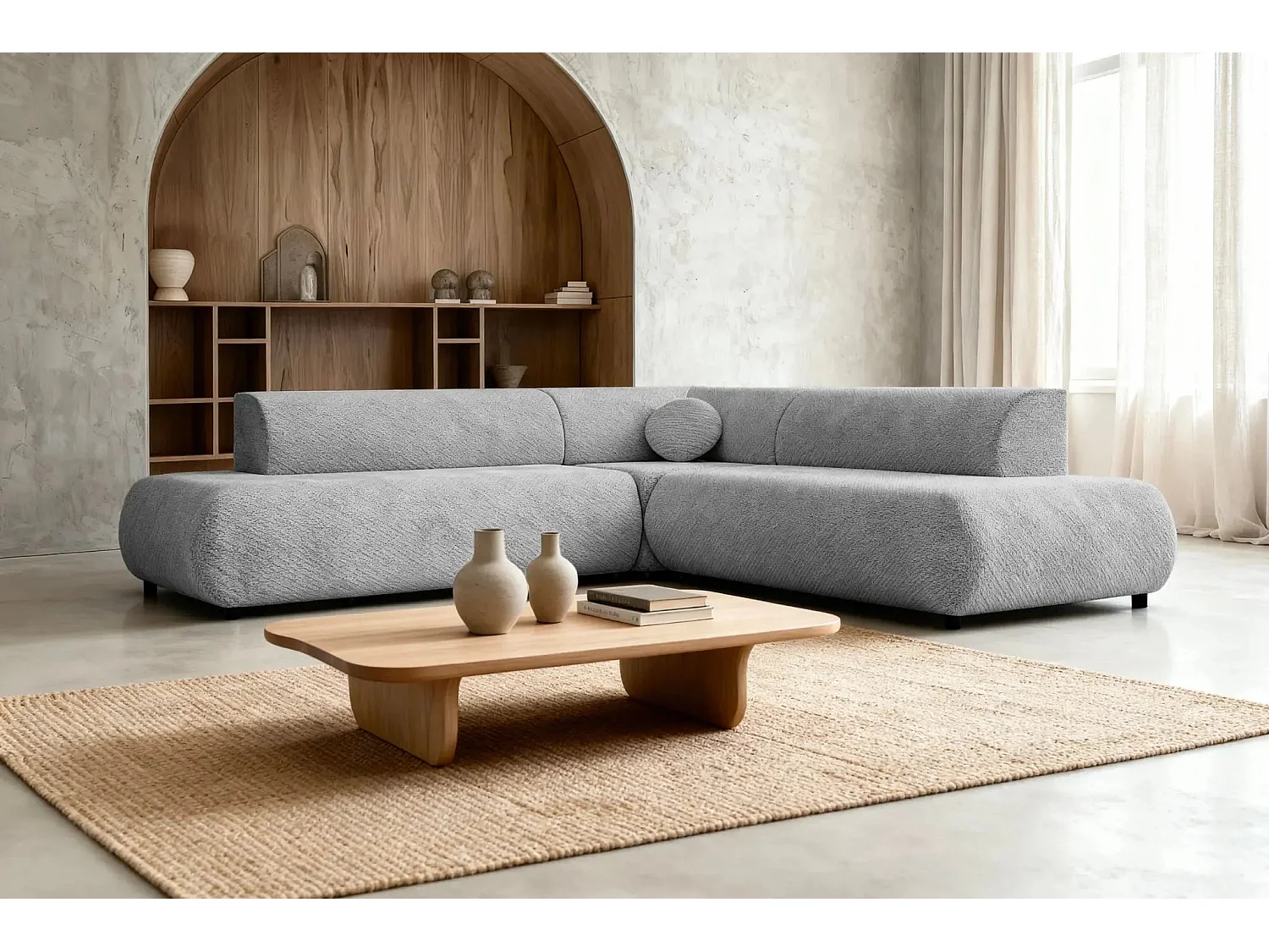 LEVI - Canapé panoramique convertible tissu lisse 5 places - Gris clair - Gauche