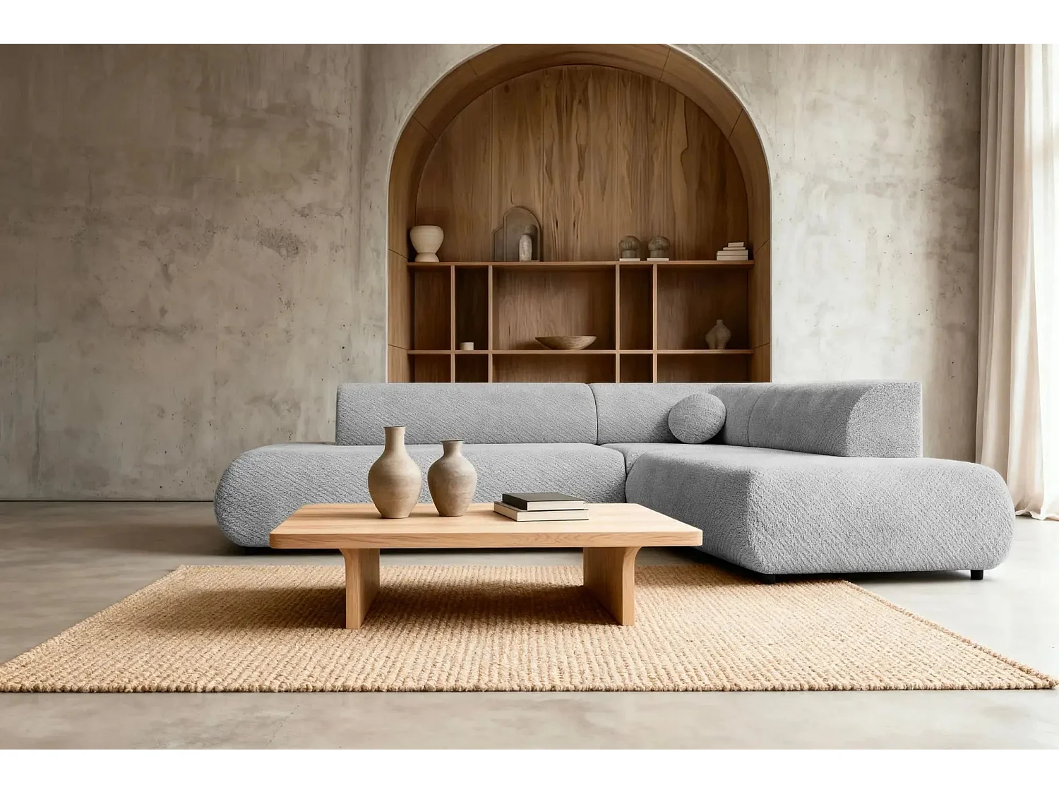 LEVI - Canapé panoramique convertible tissu lisse 5 places - Gris clair - Gauche