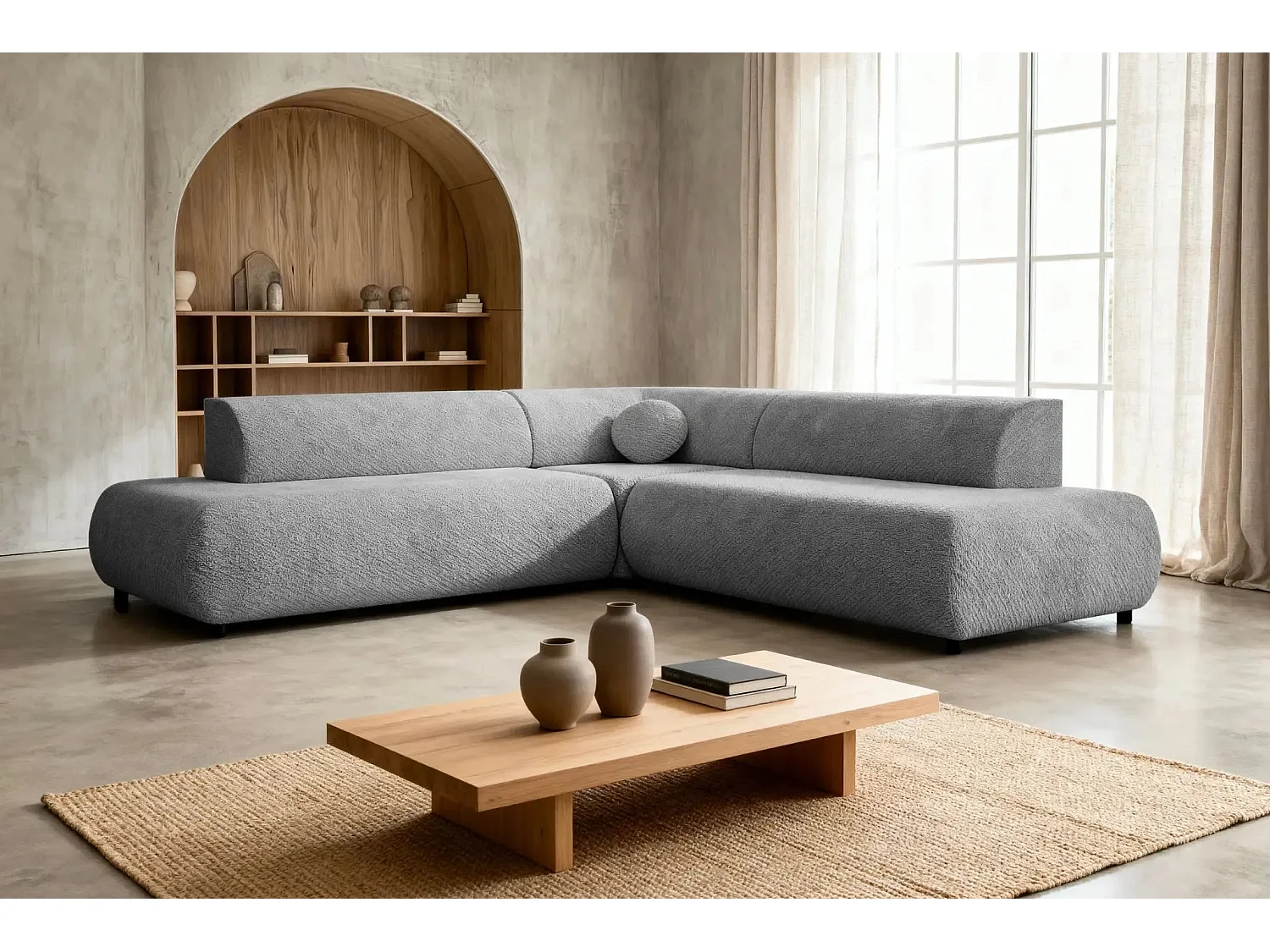 LEVI - Canapé panoramique convertible tissu lisse 5 places - Gris clair - Gauche